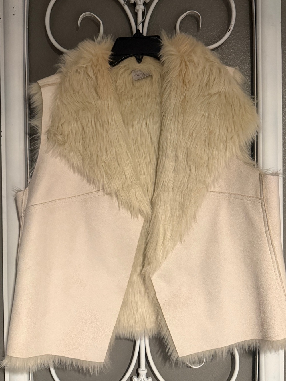 Jennifer Lopez Cream Faux Fur-Trim Vest